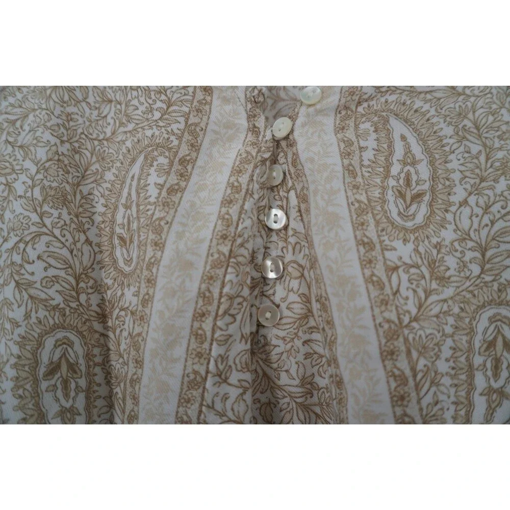 Pure Jill 100% Organic Cotton Paisley Henley Blouse Tan Split Neck Tunic Size L